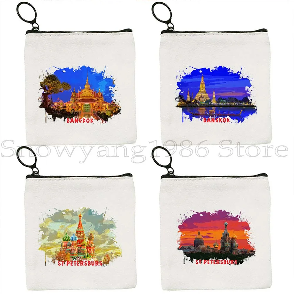 

Bangkok Thailand St Petersburg Russia Watercolor Ink Painting Canvas Coin Purse Key Case Outdoor Travel Bag Wallet Zipper Pouch