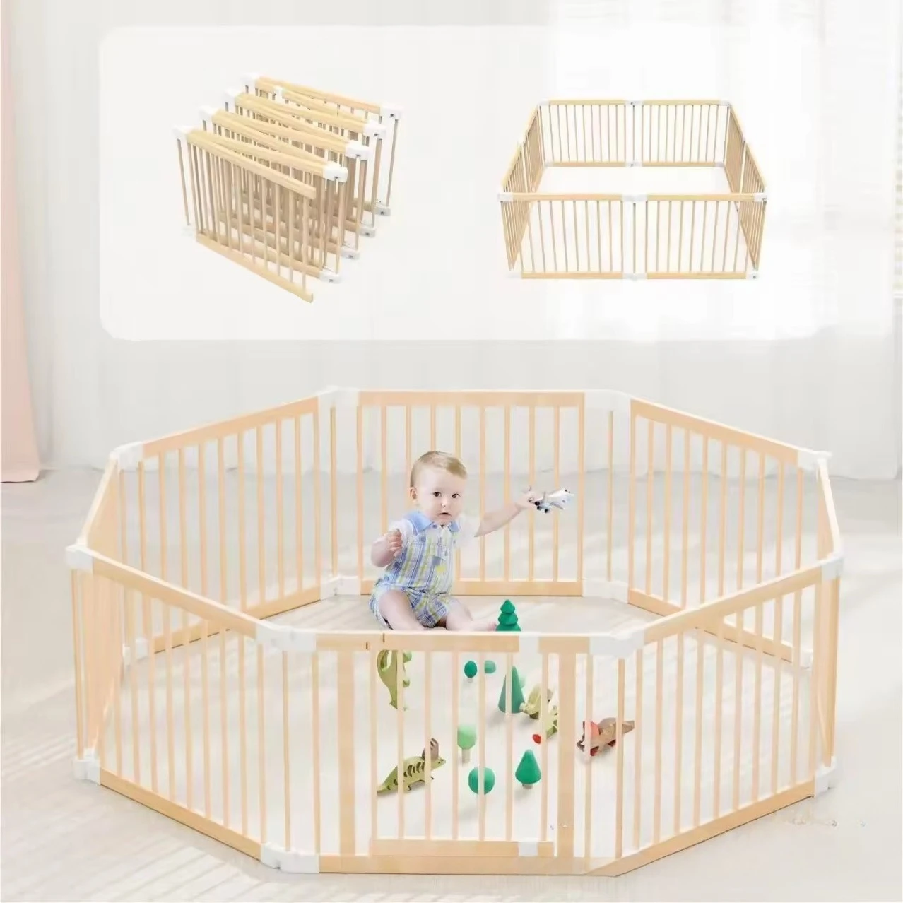 

Wooden Foldable Baby Play Fence Adjustable Baby Activity Center Portable Playground Baby Fence