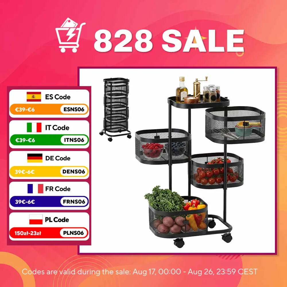 Homcom 5-laags hulpwagen met wielen en 4 draaibare opbergmanden van 270 graden ° Y-schaal 33X33X77 cm Zwart
