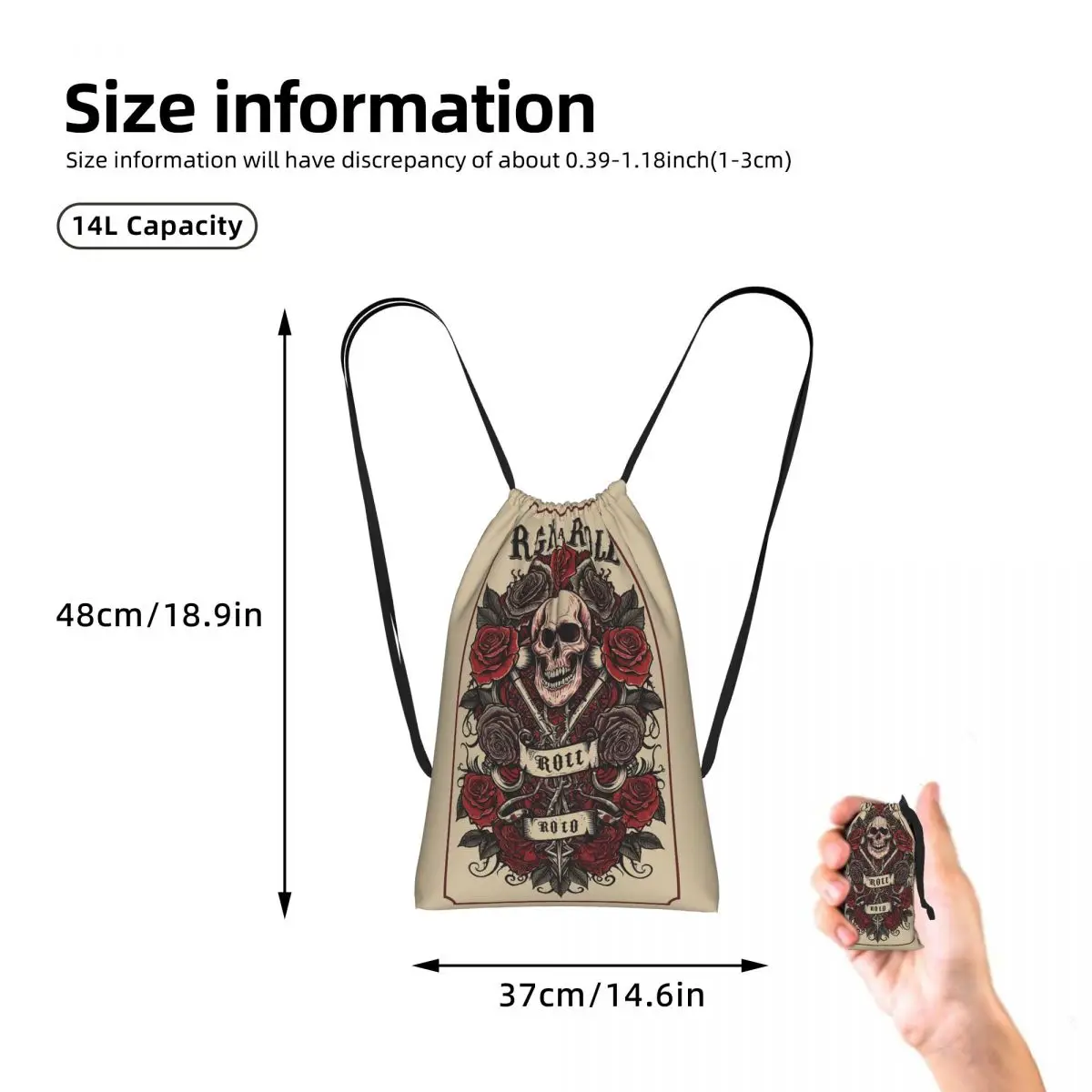 Crazy Rock Skull Rose Drawstring Backpack Sports Gym Bag Portable Travel Drawstring Bag for Men Women