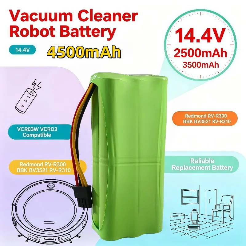 Compatible 14.4V Rechargeable NI‑MH Battery 2500‑4500mAh For VCR03W Redmond RV‑R310 BBK BV3521 Sweeper