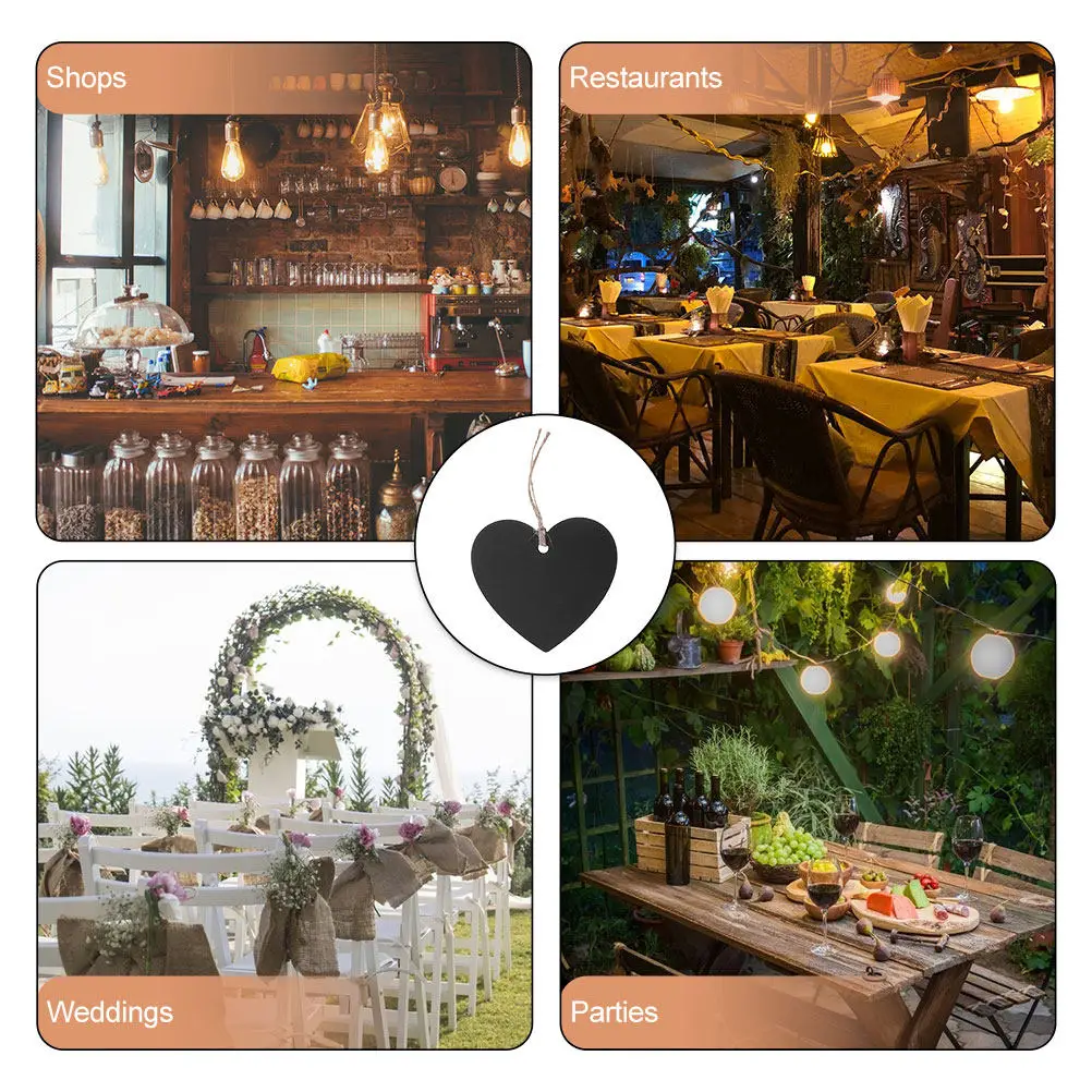 15Pcs Mini Chalkboard Sign Heart Shape Wooden Hanging Chalkboard Tags with String Double Sided for Floral Food Price Labels