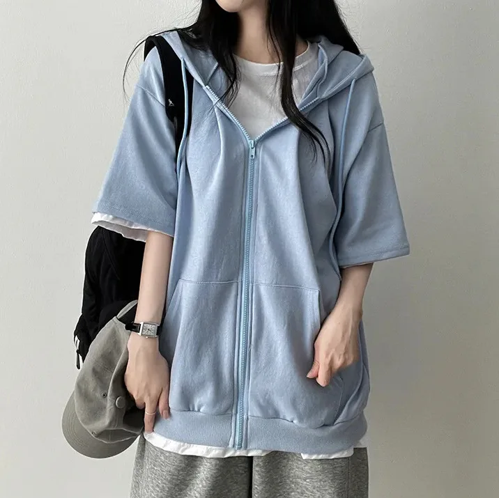 Women Zip Up Coat Oversized Sweatirt Y2k Hooded Sweater Women Loose Autumn Casual Half Sleeve Soft Coat Streetwear Hoodies 2025