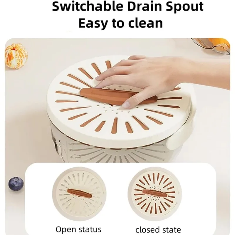 Multifunctional Draining Bowl Drainage Basket Funnel, Bilayer Collapsible Fruit Vegetable Washing Basket with Cover and Handle