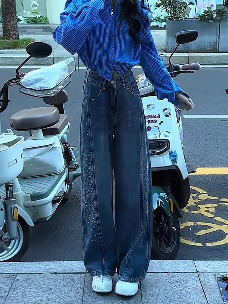 

Blue Retro Slim Fit Glitter Denim Jeans Women's Loose Fce Wide Leg Pants High Waist Straight Cut Spring Autumn Ladies
