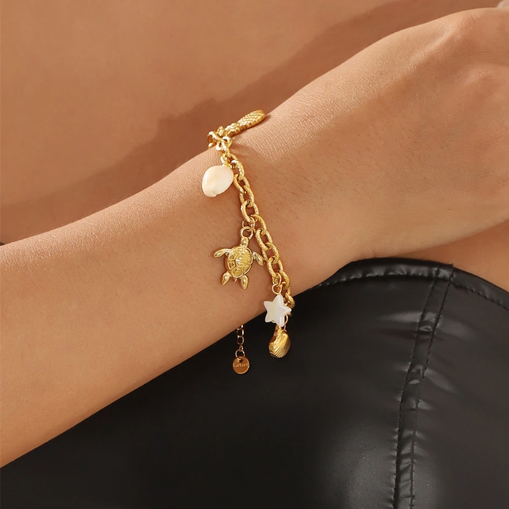 Bohemia Sea Turtle Tracking Bracelet Stainless Steel Boho Adjustable Animal Charm Summer Beach Ocean Statement Bracelets