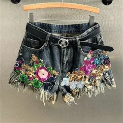 Female Sequin Floral Print Denim Shorts Streetwear Women's Vintage High Waist Wide Leg Short Jeans Female 2024 Summer New Shorts