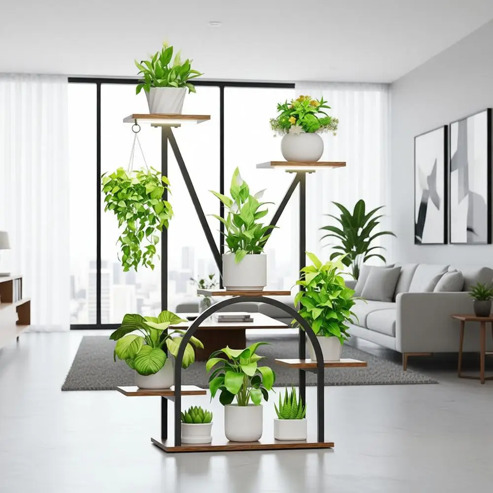 

6-ярусная металлическая подставка для растений с фитолампами, высота 39 дюймов, идеально подходит для гостиной или патио, черная