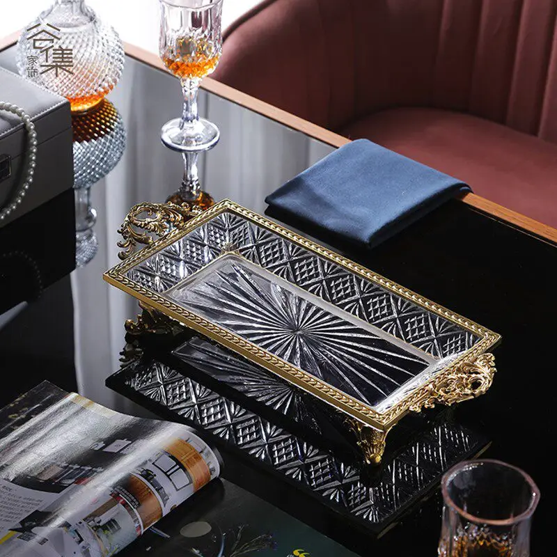 Ht clear crystal glass brass fruit platter - decorative tray for living room, dining room, coffee table, and bathroom