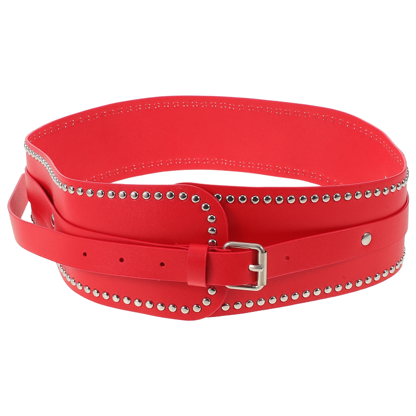 

Women'S Wide Red Pu Belt Punk Rivet Buckle Waistband For Dresses Jeans Casual Outfits Adjustable Fashion Belt For Female