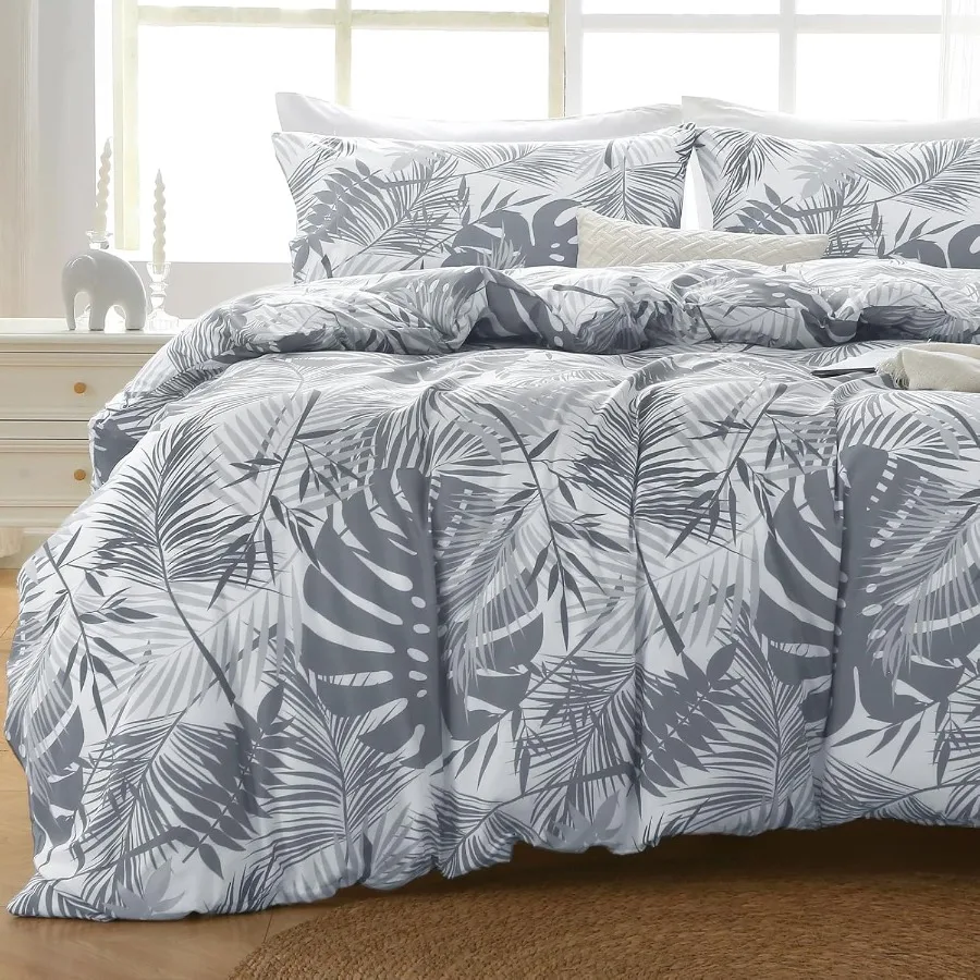 

Queen Size Reversible Duvet Cover Set with Zipper Closure Featuring Botanical Floral Patterns in Black Grey Soft Microfiber Bed