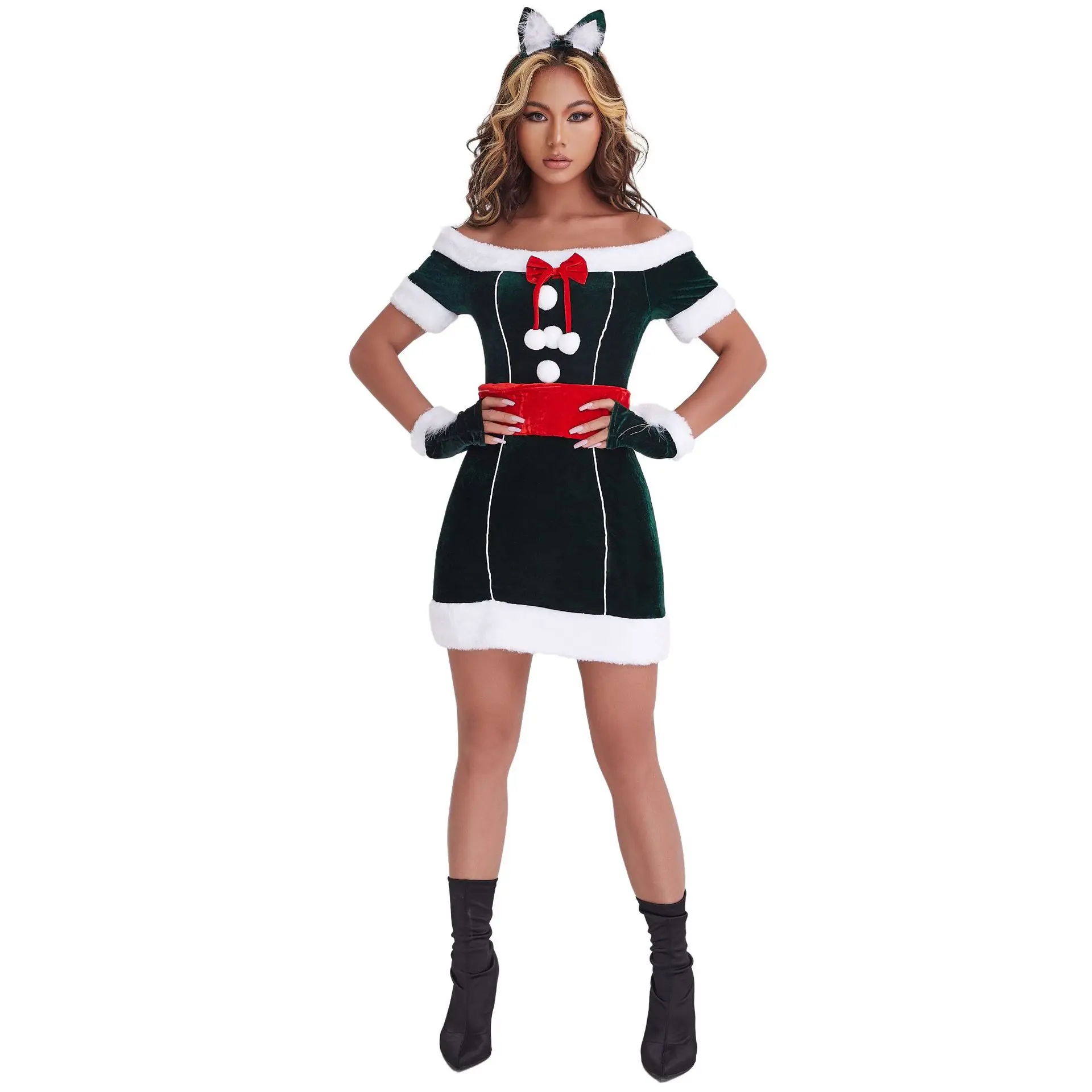 

Christmas Deluxe Velvet Sexy Green Elf Mrs. Claus Costume Xmas New Year Party Santa Claus Cosplay Fancy Dress