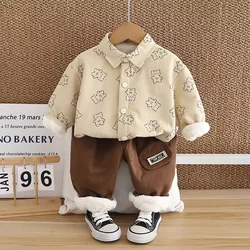 Autumn Winter Kid Plush Warm Outfit New Fashion Leisure Baby Boys Cartoon Cardigan Shirts+Pants 2pcs Set Spring Toddler Clothes