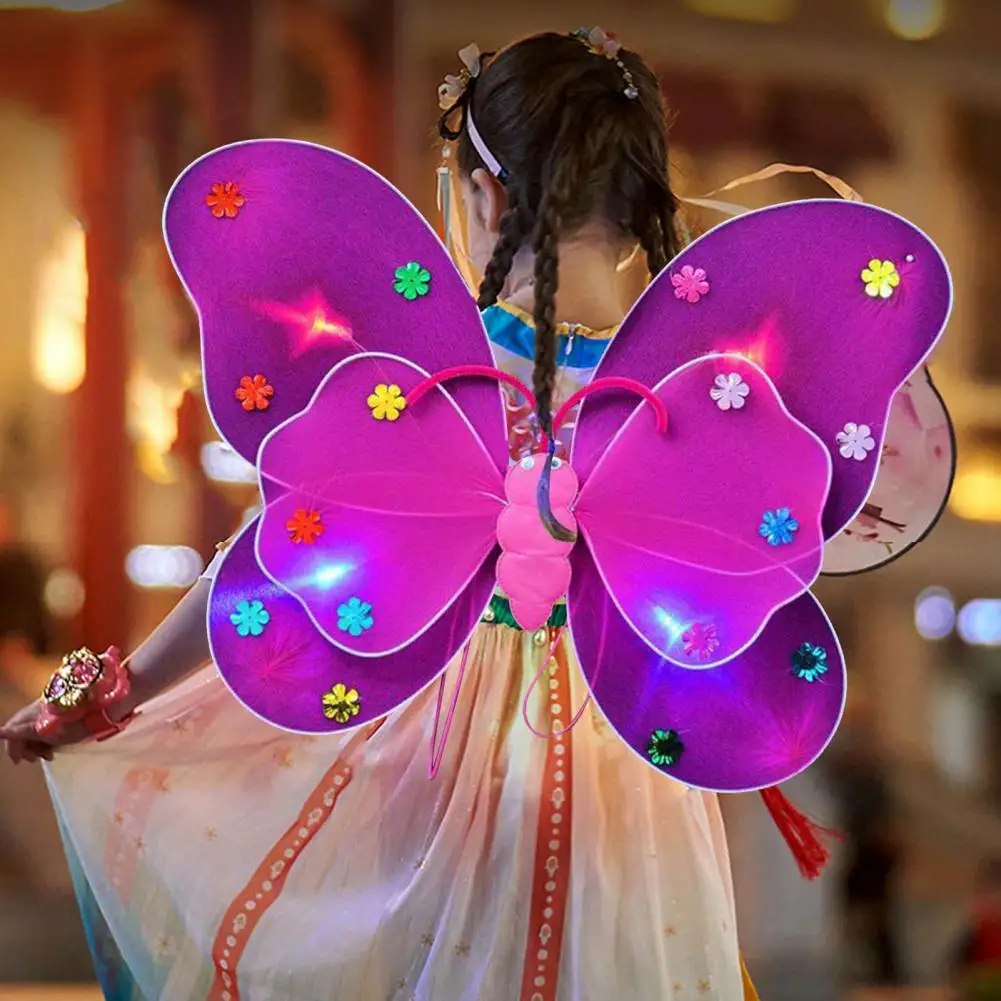 새해 파티 의상 Led 빛나는 날개 의상 세트 여자를위한 지팡이 헤어 밴드 새해를위한 라인 메쉬 흩어져있는 케이크 스커트