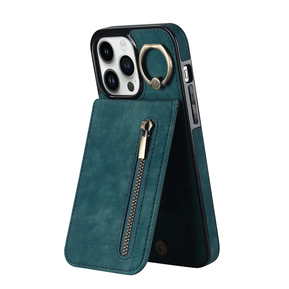 Reißverschluss Kartenhalter Leder Brieftasche Handyhülle für iPhone 14 15 16 Pro Max 12 11 13 XS X XR 8 7 Plus Anti-Drop Kickstand Cover