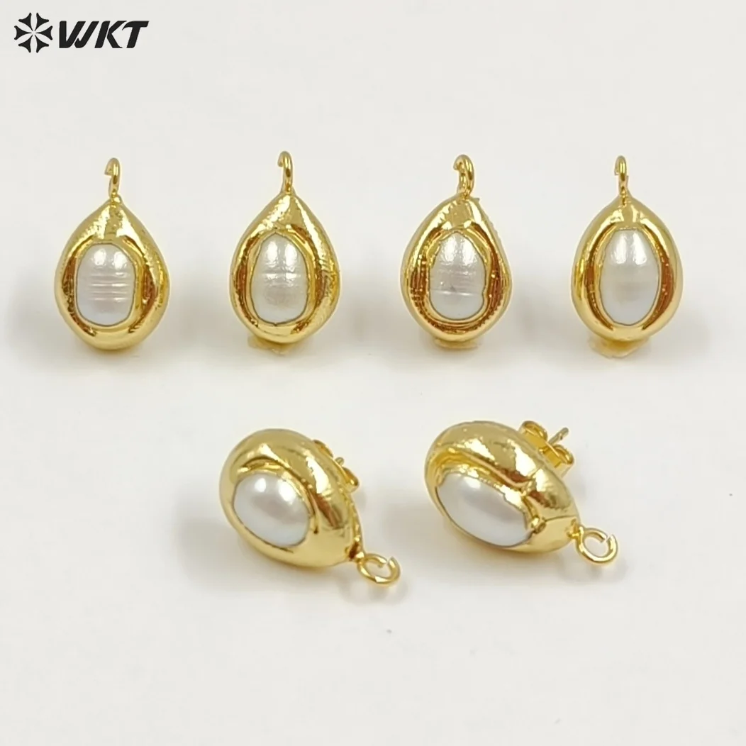 

WT-EHP103 Wholesale Samll Gold Plated Natural Freshwater Pearl With Hoops Waterdrop Shape Earrings Findings For Jewelry DIY