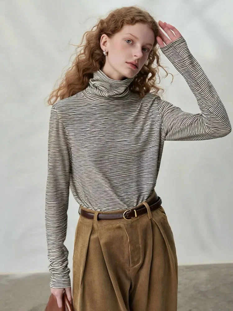 

ZhuoZhi Basic Stripe High Ne T-irt Women's Casual Versatile Base Layer Top French Sle Slim Fit Long Sve Autumn New