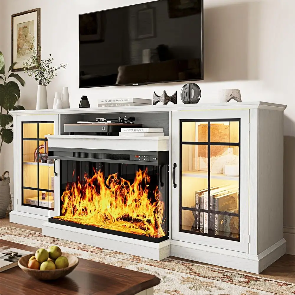 

Подставка для телевизора 70 дюймов с трехсторонним стеклом и развлекательным центром, медиа-стол с LED-подсветкой, ящиками для хранения и шкафчиками, белый цвет