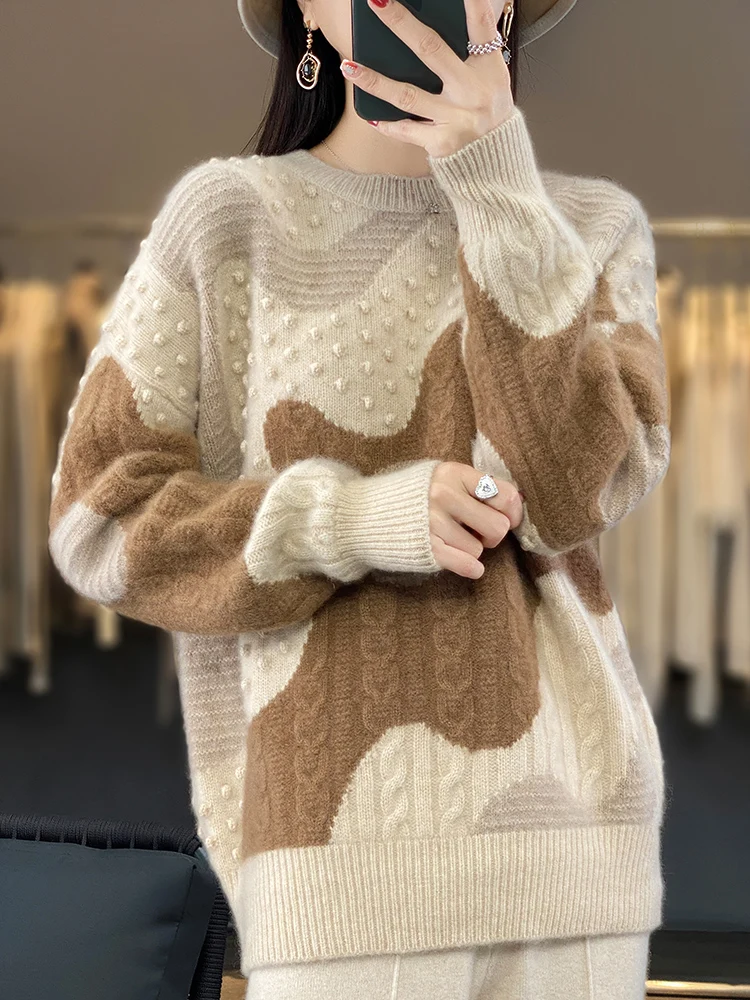 New Chic Women Winter Sweater Thick Vintage Pullover 100% Merino Wool O-neck Twist Flower Cashmere Knitwear Korean Fashion Tops