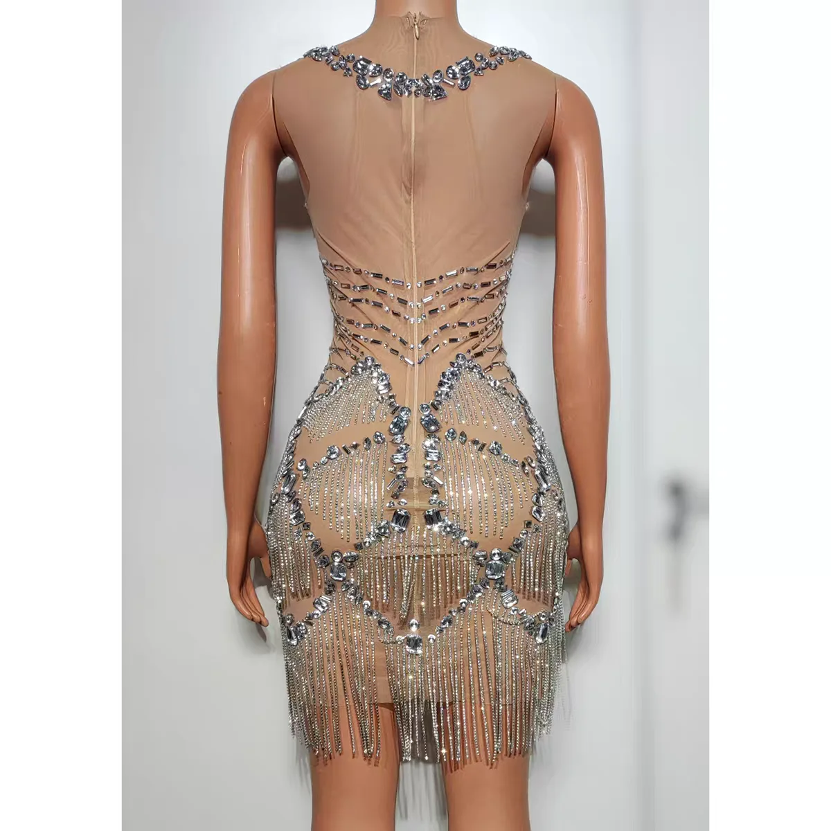 Full Diamond Perspective Mesh Sexy Tassel Skirt Nightclub Bar DJ Female Singer Dance Team Stage Clothing Party Theme Show