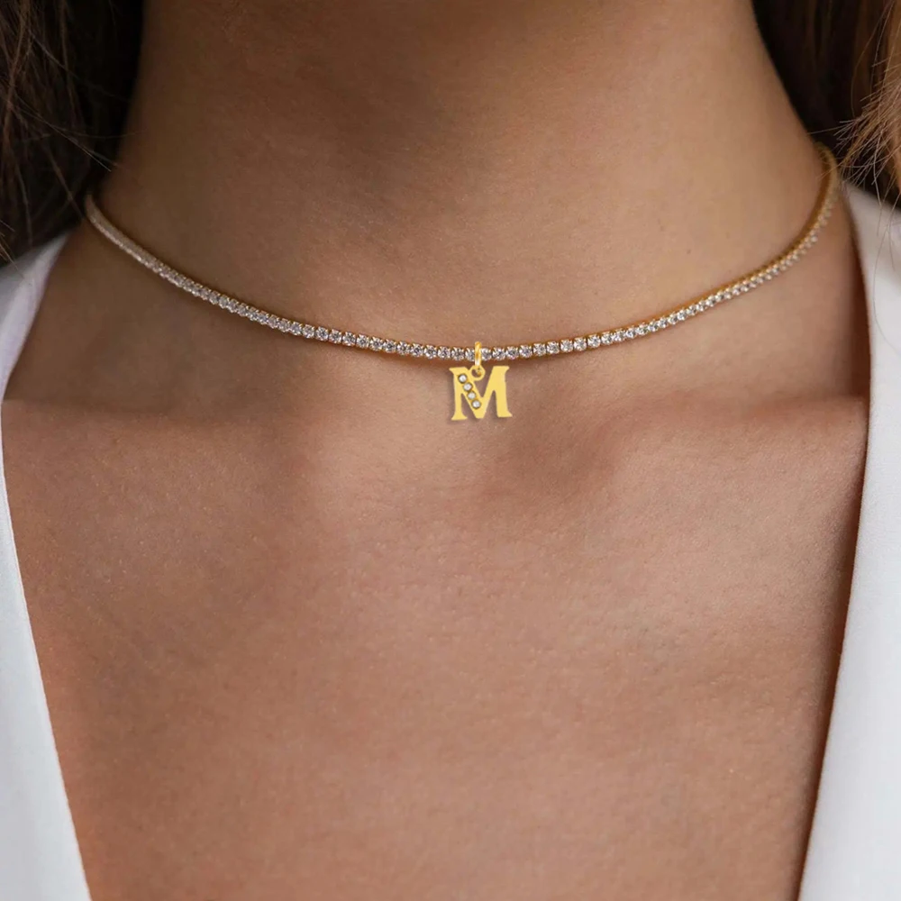 A-Z cz Anfangs buchstabe Name Anhänger weibliche Goldfarbe Edelstahl Zirkon Tennis Kette Halskette für Frauen trend igen Schmuck Geschenke