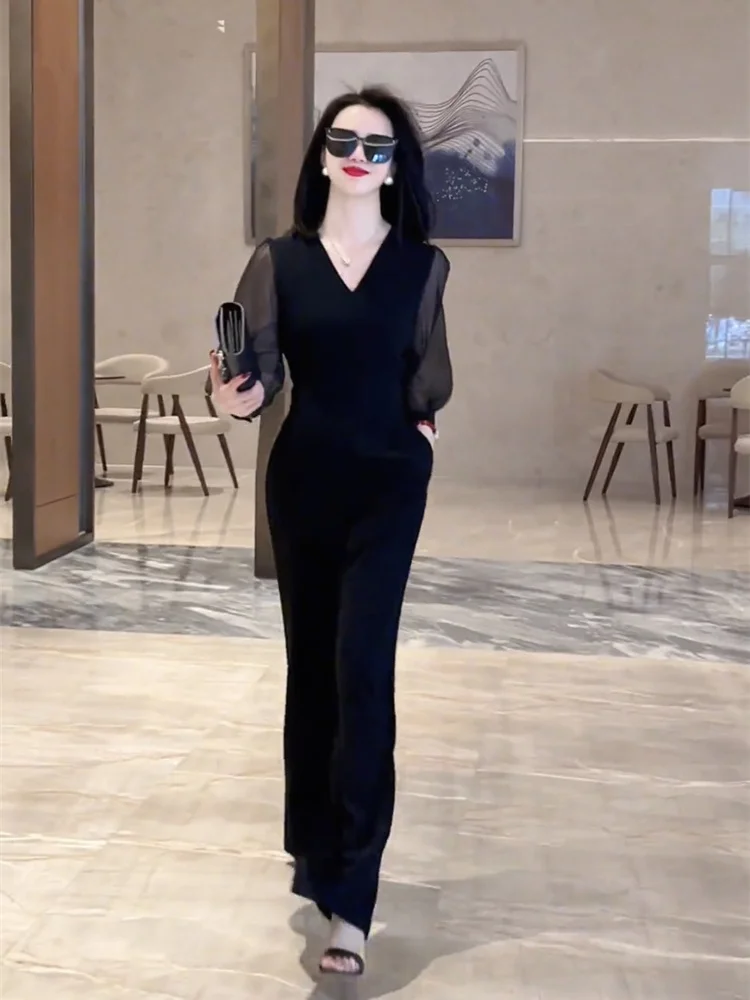 Salt Series Faionable Sweet Cool Sister costume une pièce femme longue Sve v-ne pantalon taille haute jambe longue fibre de Polyester