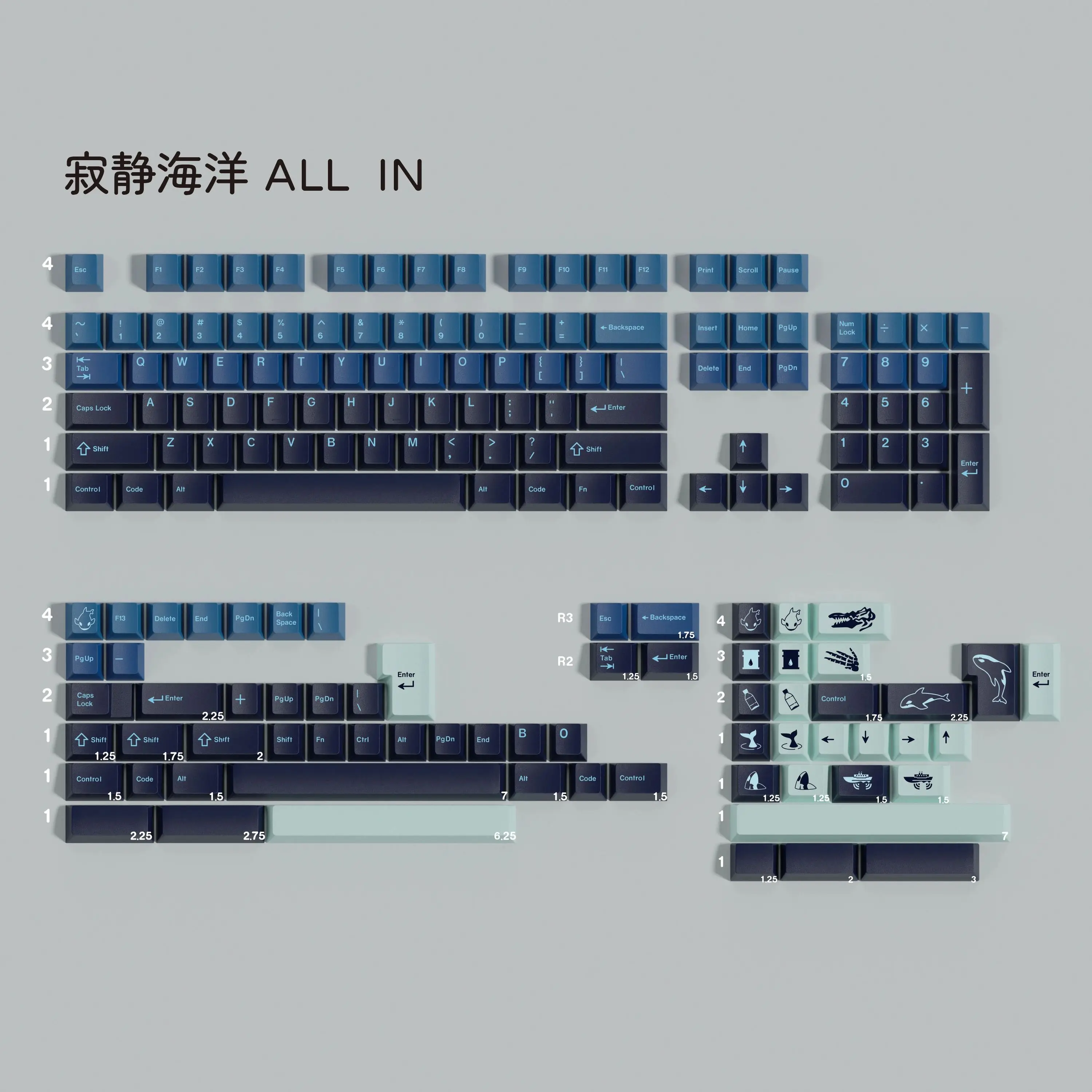 PBT Japanese English DMK Silent Ocean Keycaps Cherry Profile Dye Sublimation Key Caps For MX Keyboard GH60 61 68 75 87 96 98 104