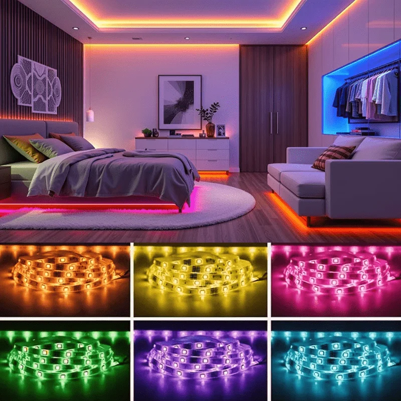 RGB 5050 LED String Lights with 24 Keys Remote, Color Changing, 3.3ft to 131ft (1m–40m), for Bedroom Kitchen TV Wall