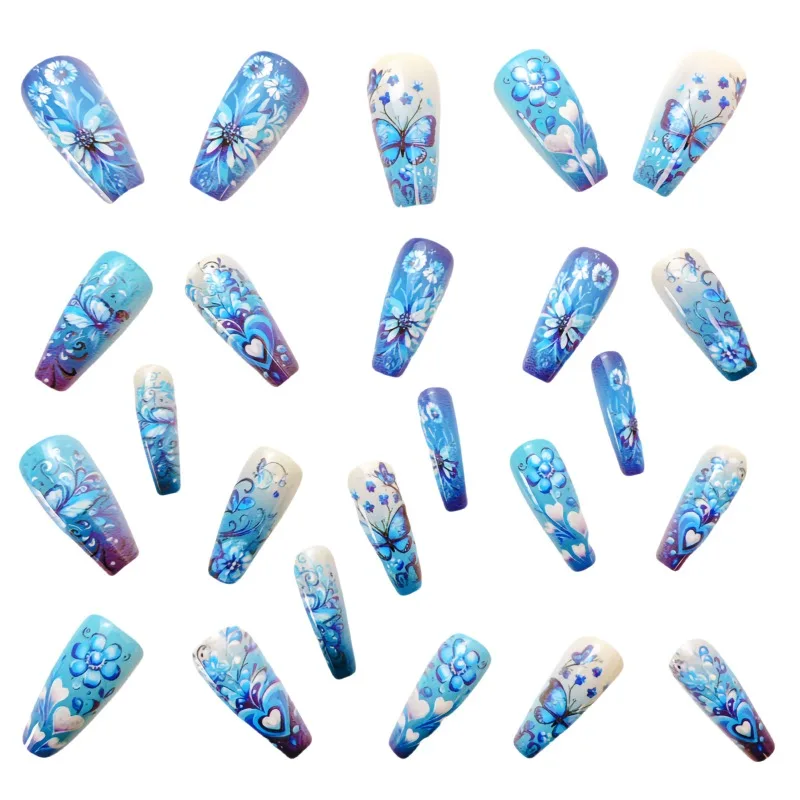 24pcs Mid-Length Ballet False Nails Long Blue Floral Butterfly Coffin Finger Nail Tips Cheap Press on Acrylic Nails Removable