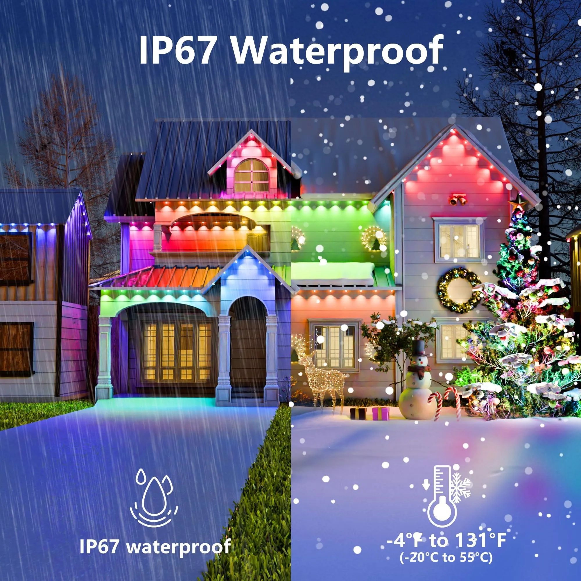 65ft Permanent Outdoor Eaves LED Lights String APP Control Exterior RGBIC Color Changing Lights Strip DIY Scene Modes Lighting