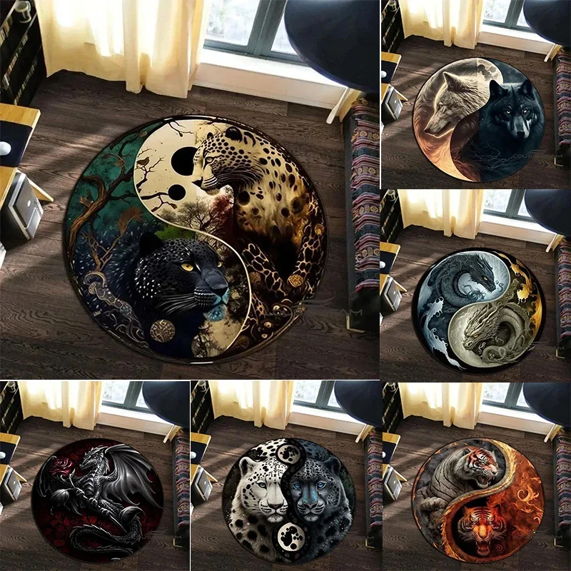 Animal Art Style Round Carpet 3D Printed Coiling Dragon Crouching Tiger Lion Pattern Children's Study Room Floor Mat