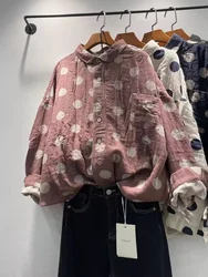 Bust 142cm plus size polka dot print shirts for women autumn 100% cotton yarn thick long sleeve blouses single-breasted outwear