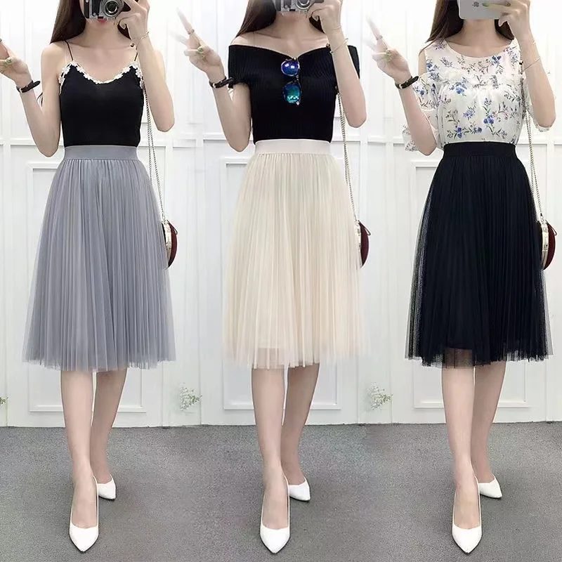 Sping Summer Fashion Korean Women\'s Mesh Skirt Pleated Skirt A- Line High Waist Skirt Woman Skirts Girls New Lace Skirts