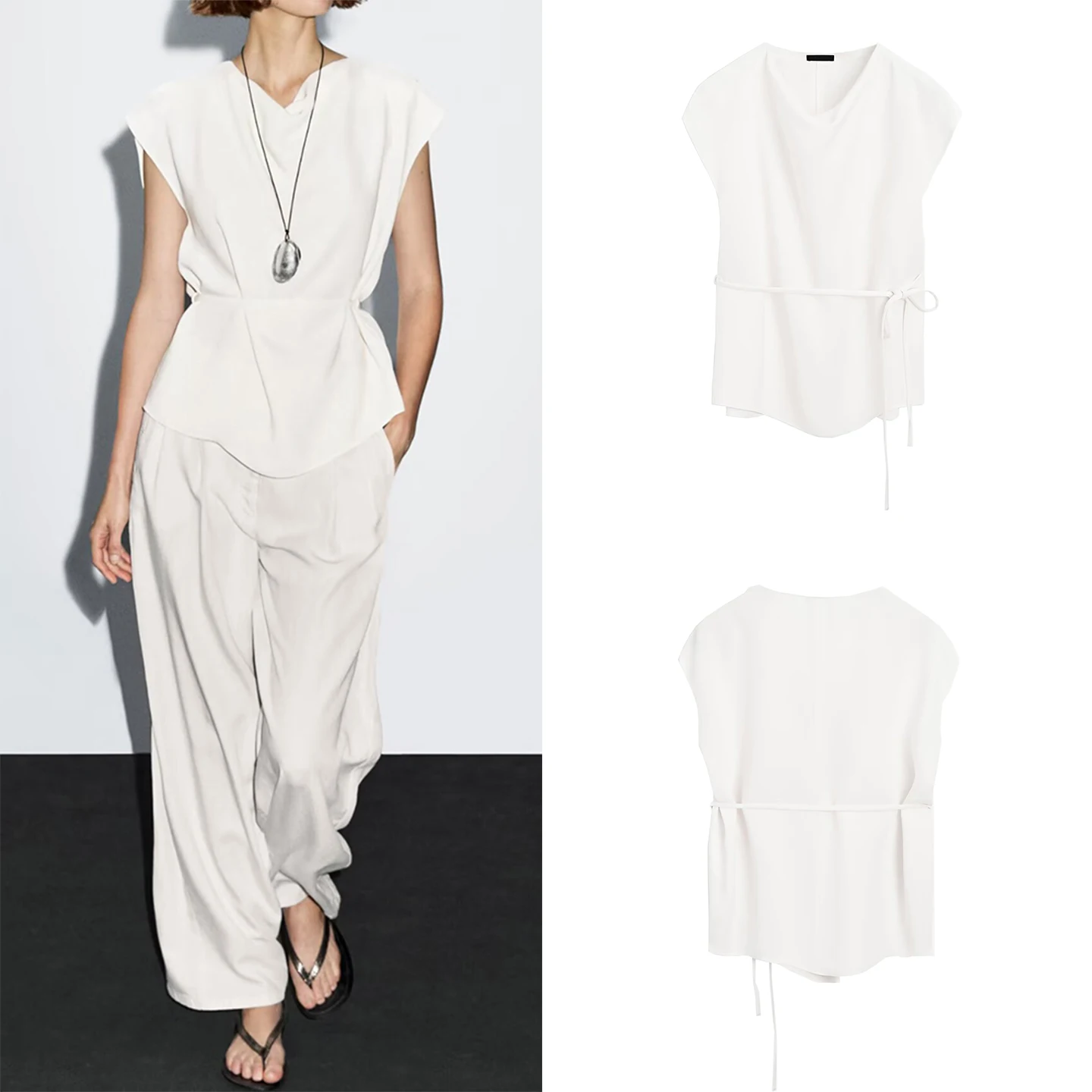 

Новая женская блузка Z 2025 осенней коллекции с драпированными рукавами, воротником-стойкой, тонкая, с коротким рукавом, молодежная модель