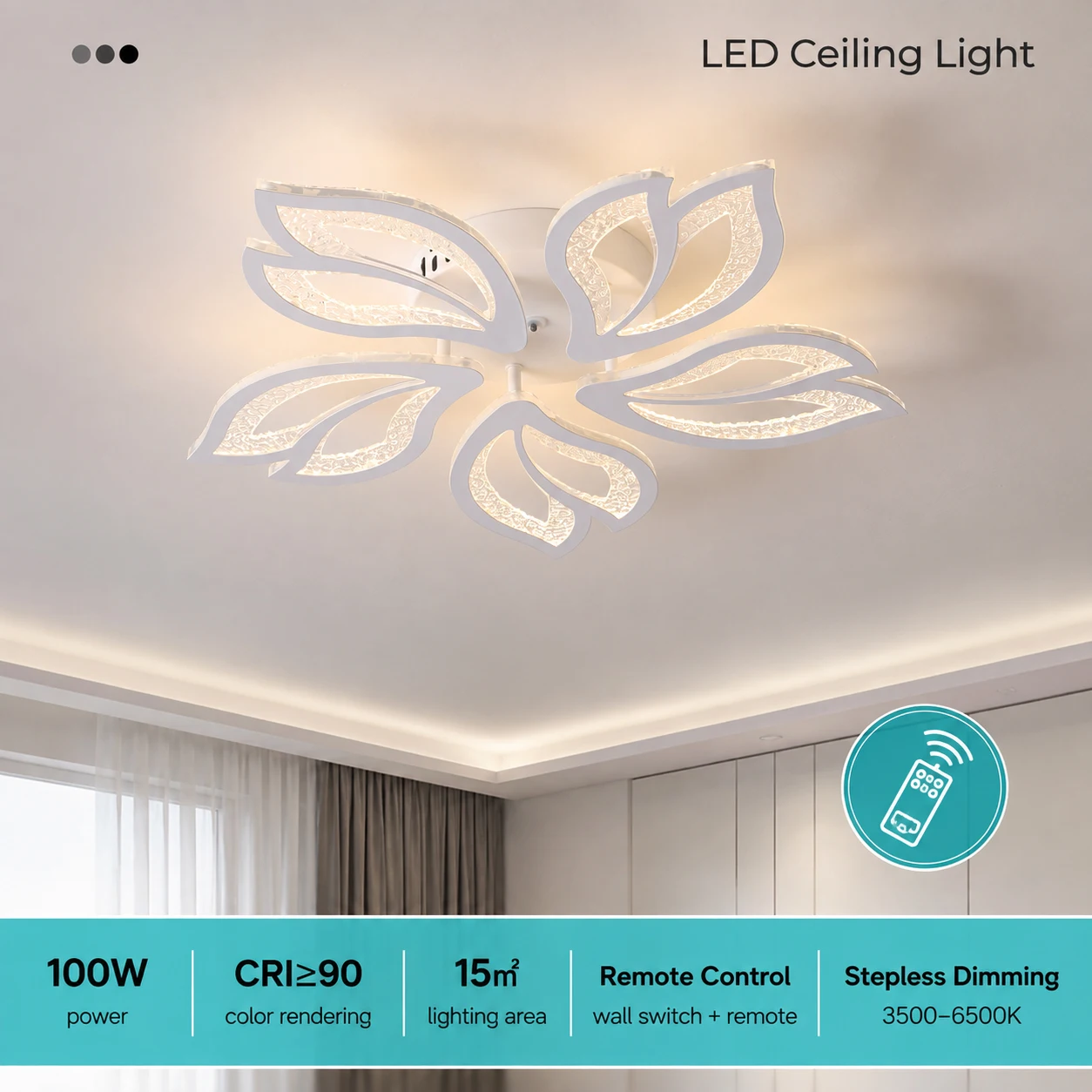 BENDA Modern Floral LED Ceiling Light 100W 3 Colors Remote Control Stepless Dimming Ceiling Lamp for Living Room Bedroom