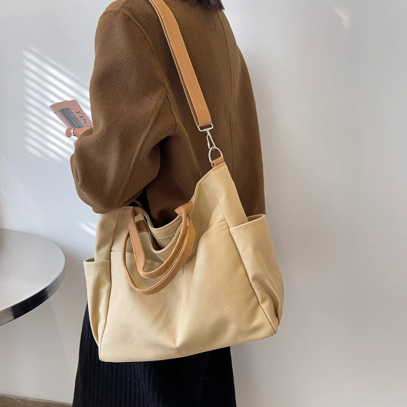 Lazy Wind Canvas Big Bag New Korean Version Of The Single Shoulder Crossbody Bag Female Simple Literary Solid Color Bag