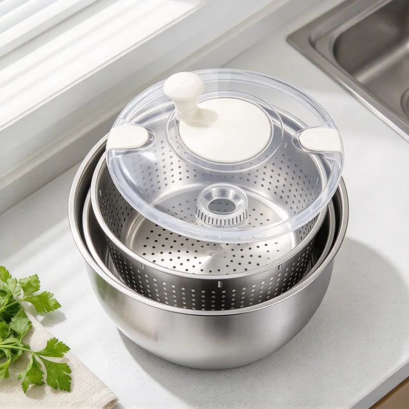 Stainless Steel Vegetable Dehydrator, Household Salad Spinner, Kitchen Fruit and Vegetable Draining Tool