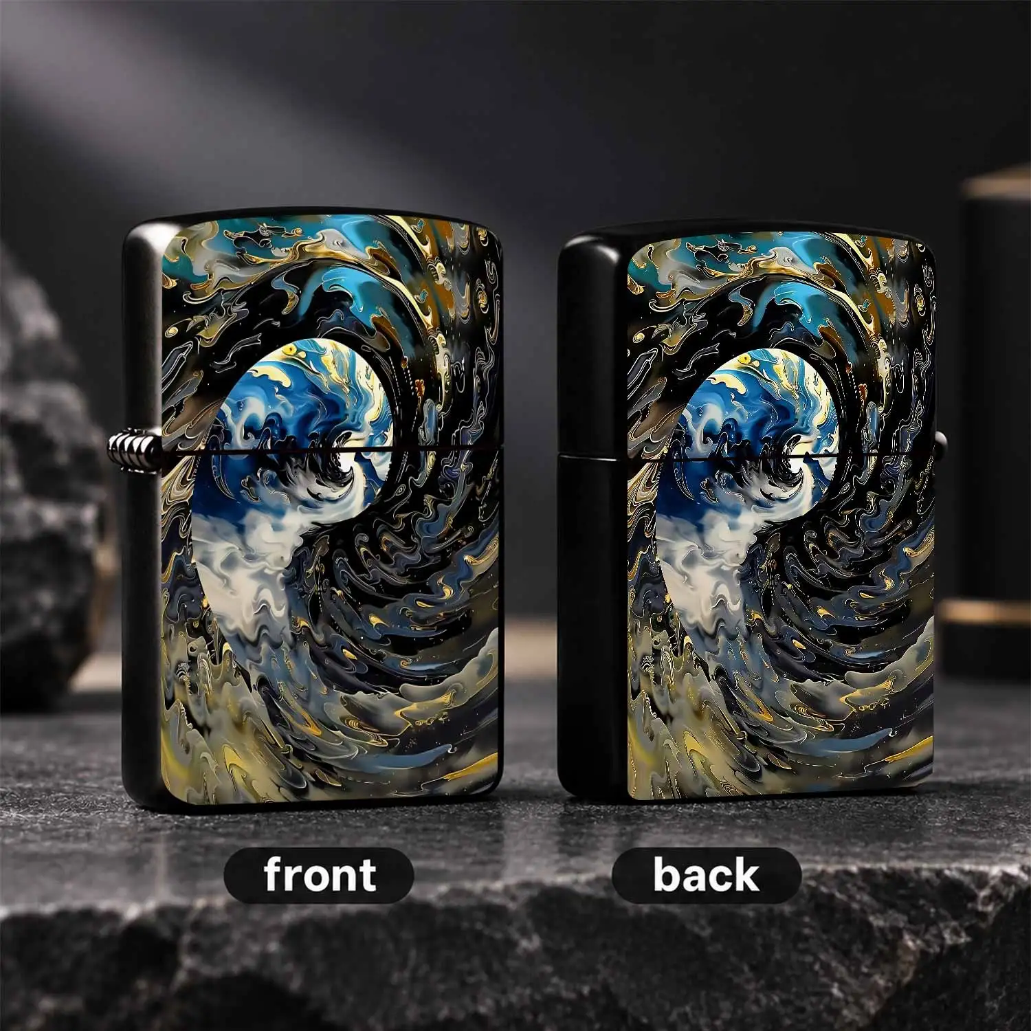 Artistic Swirl Fluid Lighter, Exquisite Blue Gold Cloud Flow Aesthetic Decor, Full Scenario Applicable Portable Stylish Item, Unique Artistic Pattern High Grade Practical Present For Daily Use Gifting Personal Collectio A Humorous And Inter