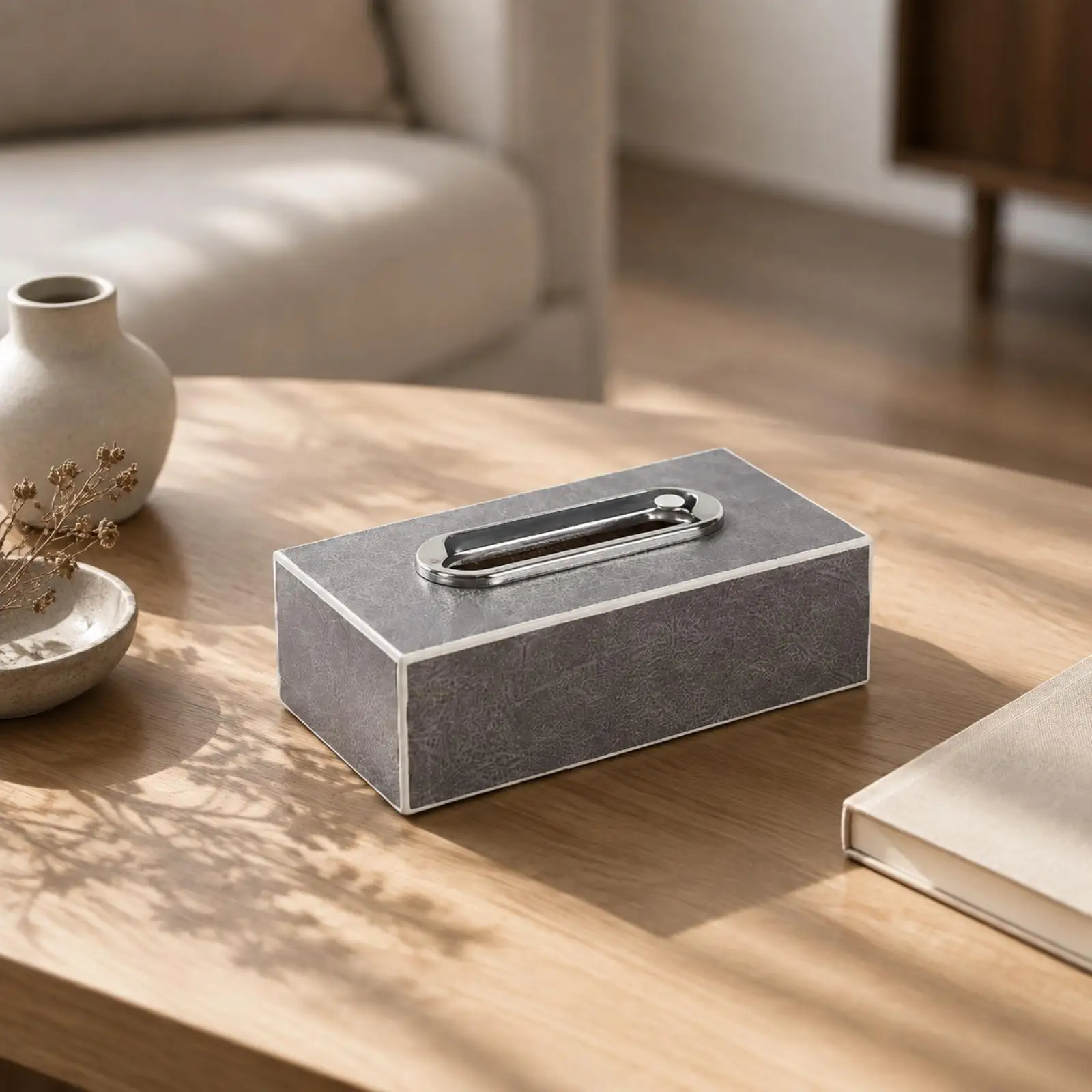 Rectangular Tissue Box with Metal Handle Decorative PU Leather Tissue Box Sturdy for Restroom, Bedroom, Hospitality Places