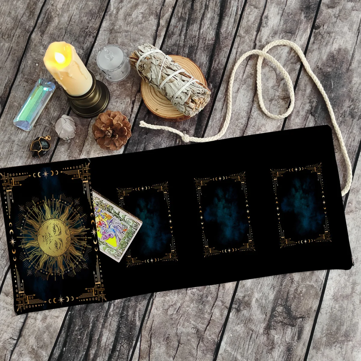 Sun & Moon Celestial Tarot Roll‑Up Pouch 3‑Card Layout Drawstring Tarot Card Storage Bag Tarot Holder for Witch Divination