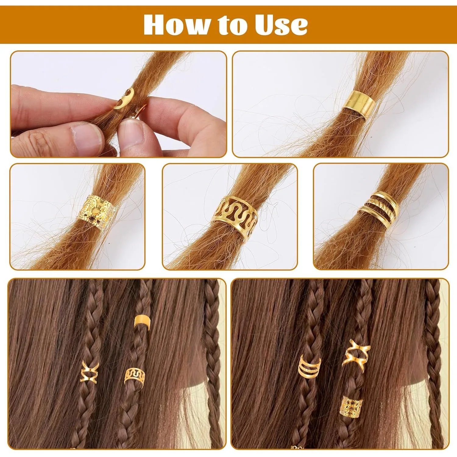 드레드락용 금도금 속이 빈 헤어 링 40개 세트 - 땋은 머리 연장 액세서리 |   DIY 헤어 주얼리 키트