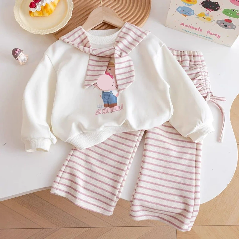 

Spring and Autumn Girls' Outfit: Stylish Baby Clothing with Unique Cartoon Striped Shawl Sweatshirt and Casual Pants