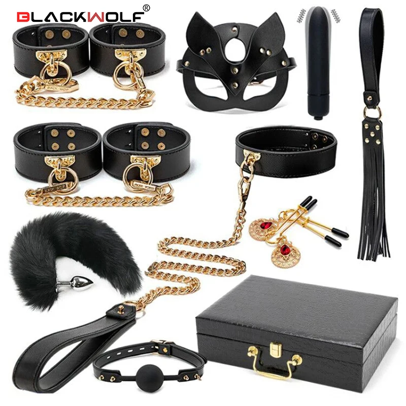 BLACKWOLF BDSM Bondage Kits Genuine Leather Restraint Set Handcuffs Collar Gag Vibrators Sex Toys For Women Couples Adult Games