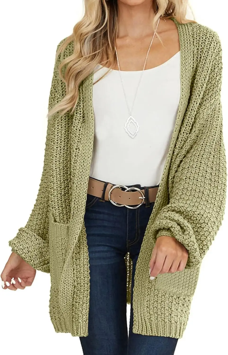 

ZENFLEX Women's 2025 Fall Open Front Chunky Knit Sweater Oversized Lantern Sleeve Cardigan Outwear