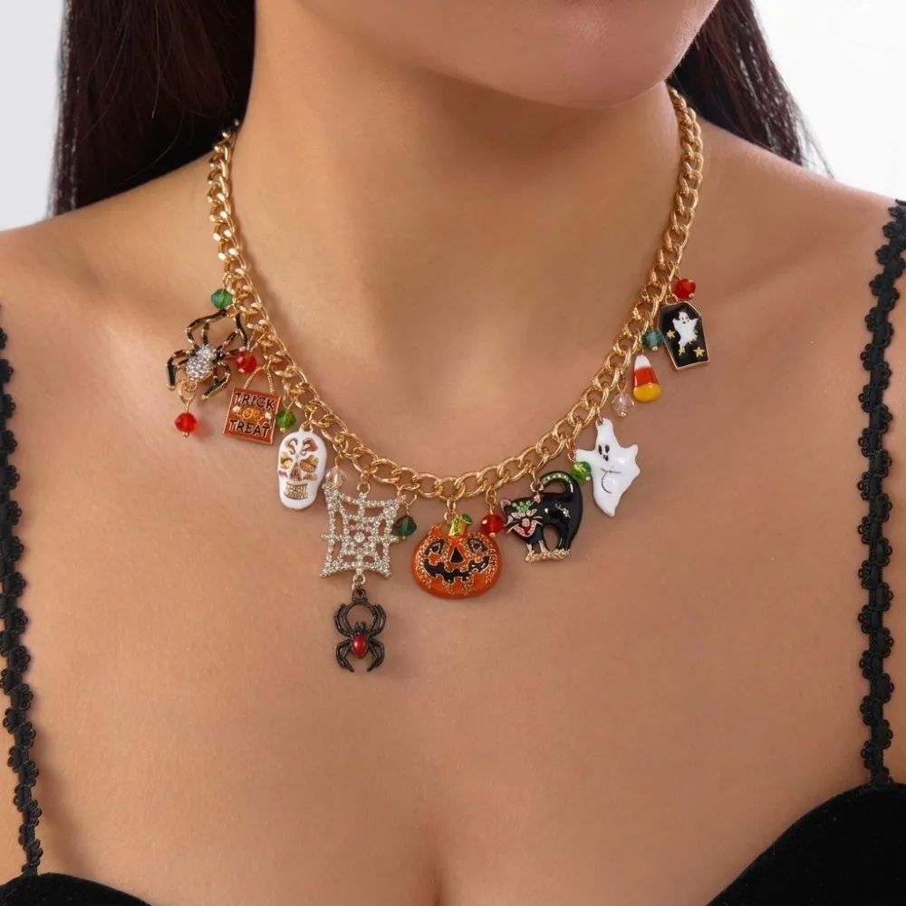 Monkton Halloween Chunky Chain Charm Necklace Enamel Pumpkin Ghost Black Cat Spider Skull Pendant Choker Party Jewelry for Women