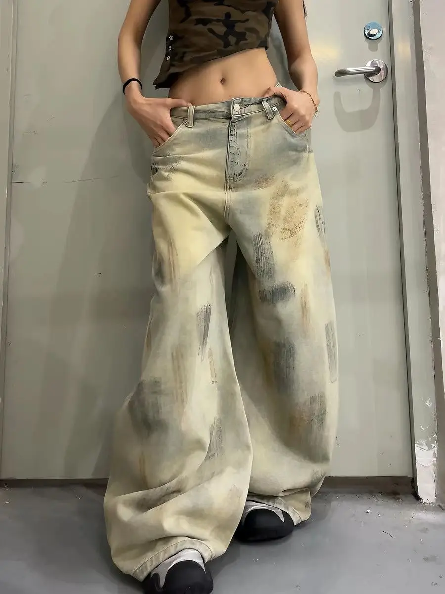 Women's Front Pocket Design Wide Legs Dirty Jeans Street Unisex Denim Trousers Female Pants High Waisted Personality Sweatpants
