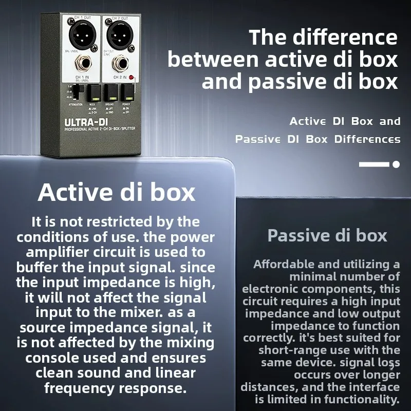 Active DI Box Direct Injection 2 Channel for Stage Instrument Signal Isolation Ground Lift Eliminate Noise