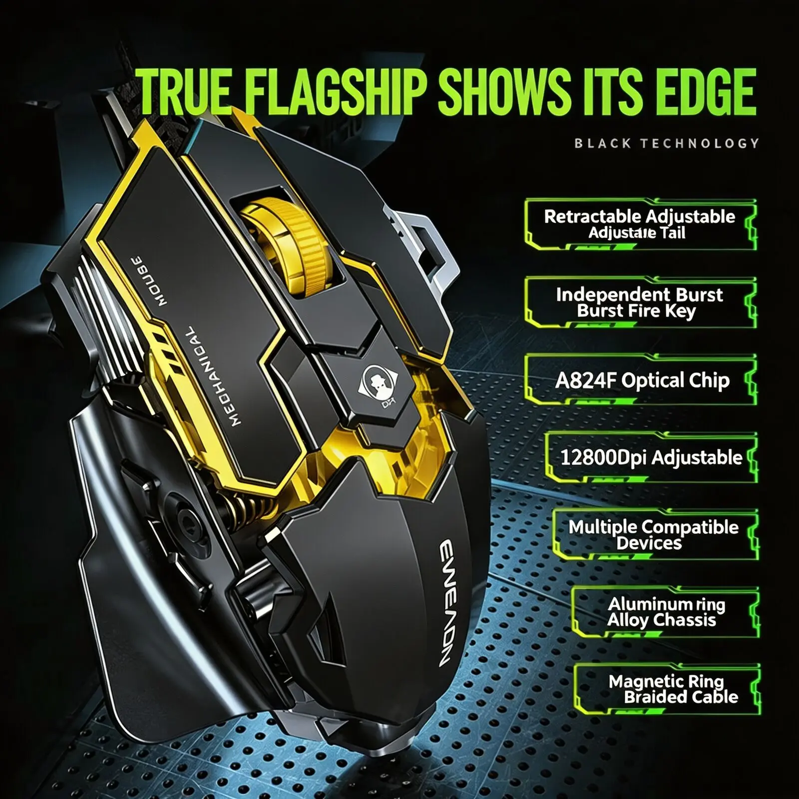 Wired Ergonomic Gaming Optical Silent RGB Mechanical Mouse 12800DPI Adjustable USBC Backlight Low Latency ESports Tablet Laptop