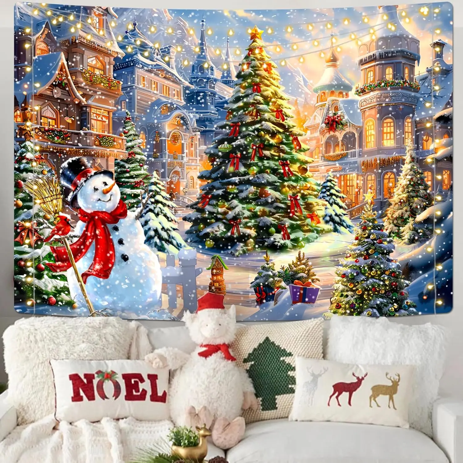 Christmas Snowman Tree Tapestry Winter Snow Scene Xmas Decor Happy New Year Castle Wall Hanging for Bedroom Living Room