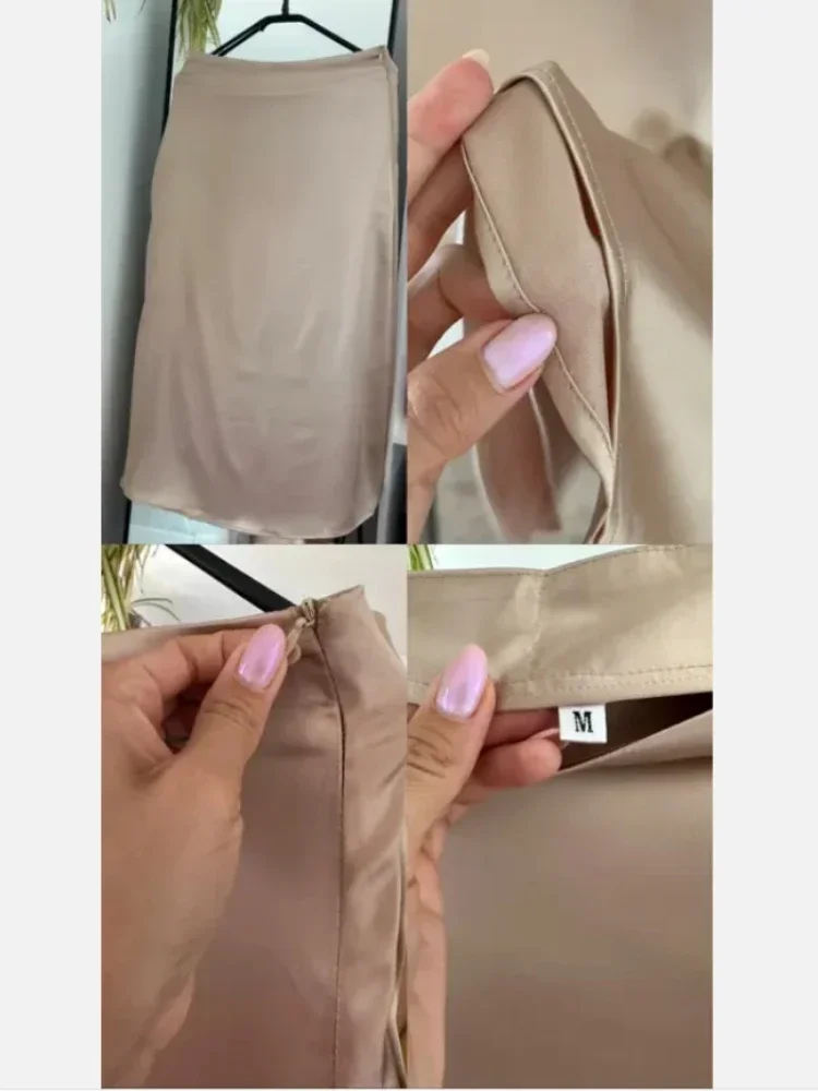 Style coréen soie Satin jupes pour femmes Champagne bureau taille haute a-ligne jupe mode élégant solide longue jupe crayon 2025